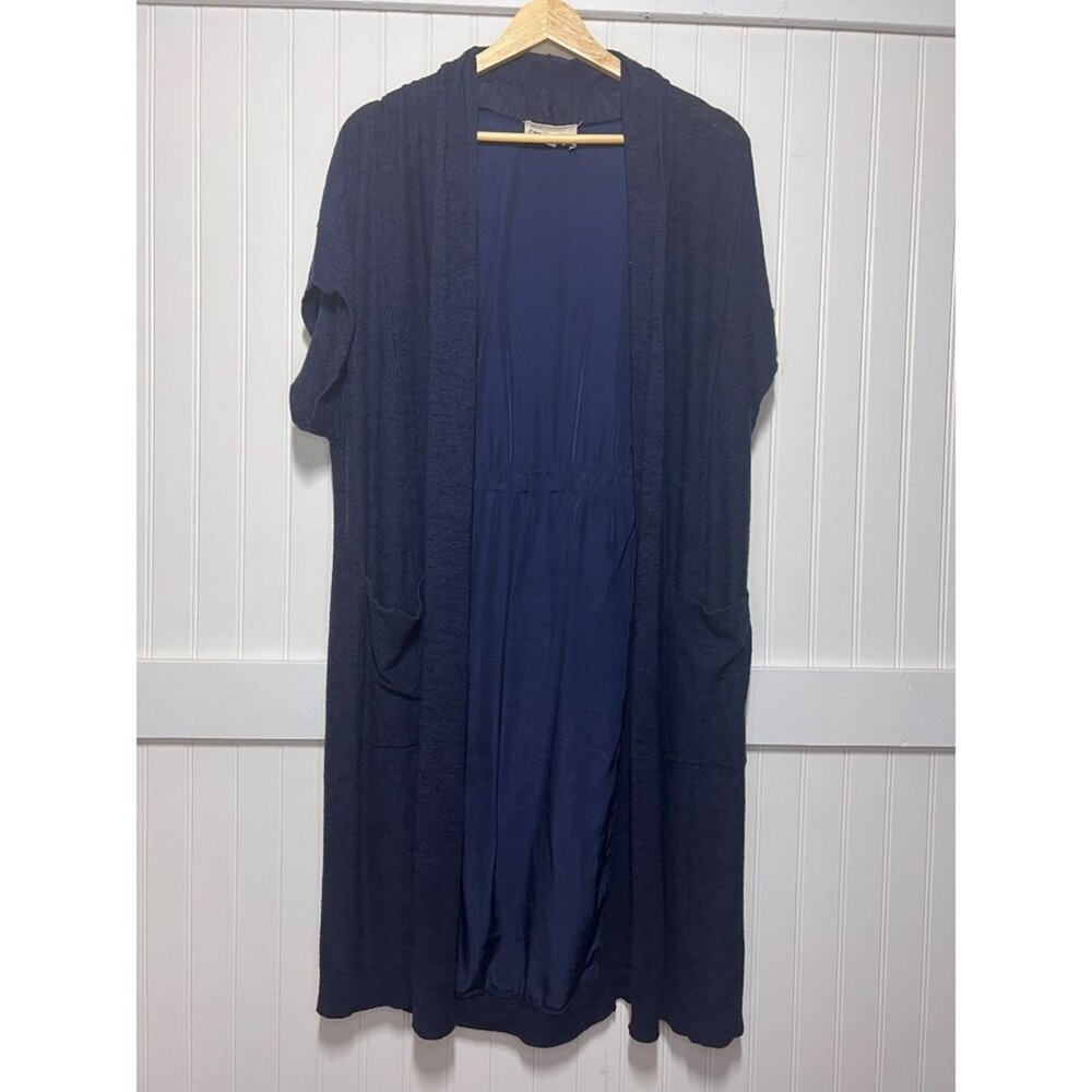 Anthropologie Navy Cardigan Lagenlook Minimalist Short Sleeve Open Front Duster